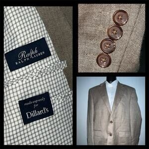 Ralph Lauren Men's 40L Sport Coat Blazer Two Button Brown Silk Linen Check Prep